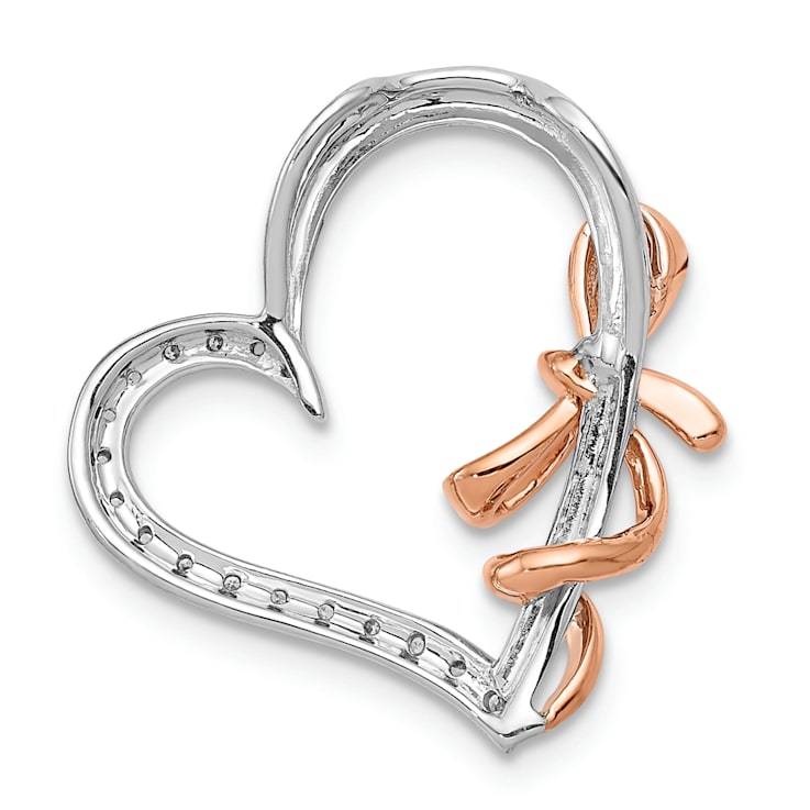 14k White Gold and 14k Rose Gold Diamond Polished Heart with Bow Chain Slide