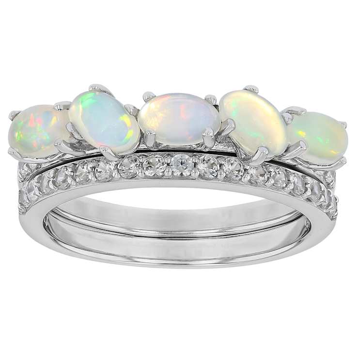 Opal And Zircon Stackable Ring Set In Sterling Silver 1.09ctw