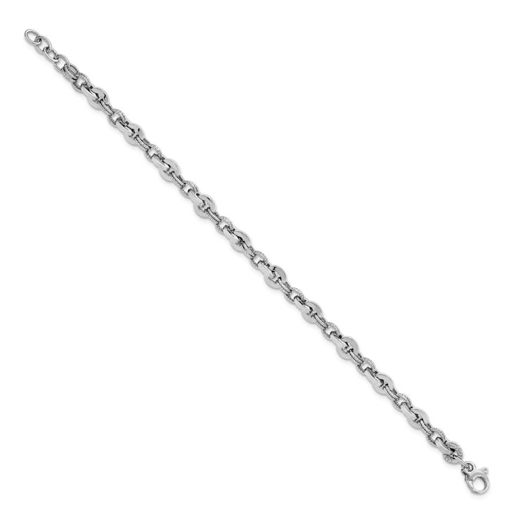 Rhodium Over 14k White Gold Polished and Textured Fancy Link Bracelet