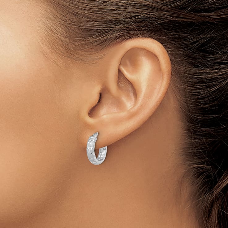 Rhodium Over 14k White Gold Satin and Diamond-Cut 11/16" Hoop Earrings