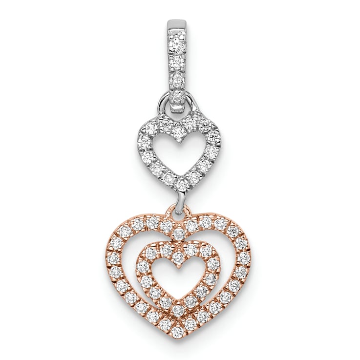 14k White Gold and 14k Rose Gold Diamond Hearts Dangle Pendant