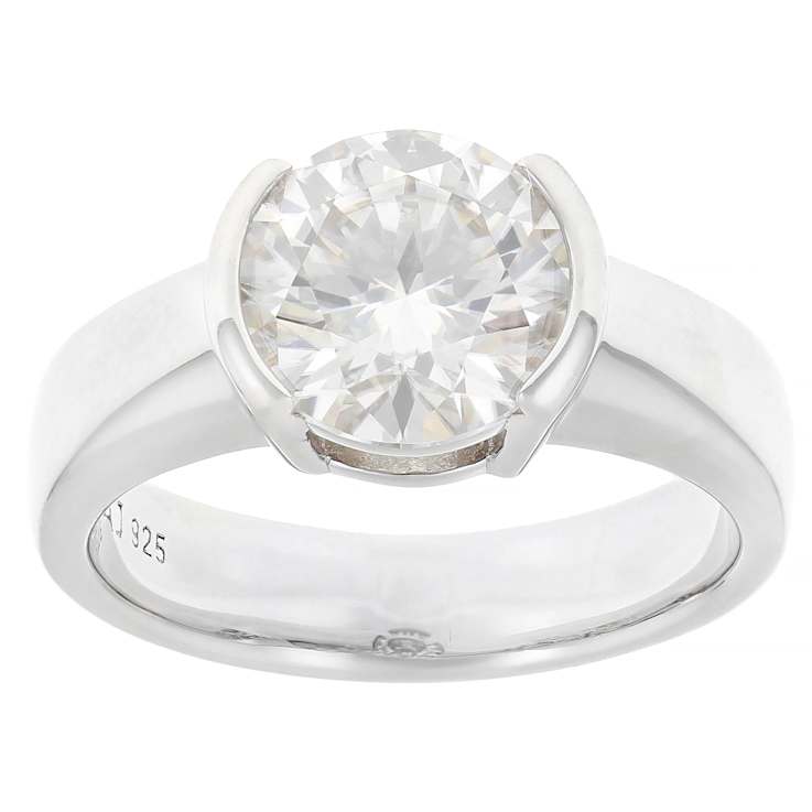 Round Moissanite Solitaire Ring In Platinum-Enhanced Sterling Silver