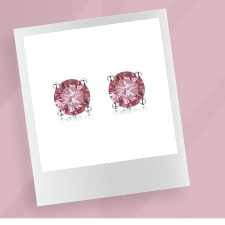 Pink Moissanite Sterling Silver Solitaire Minimalist Stud Earrings