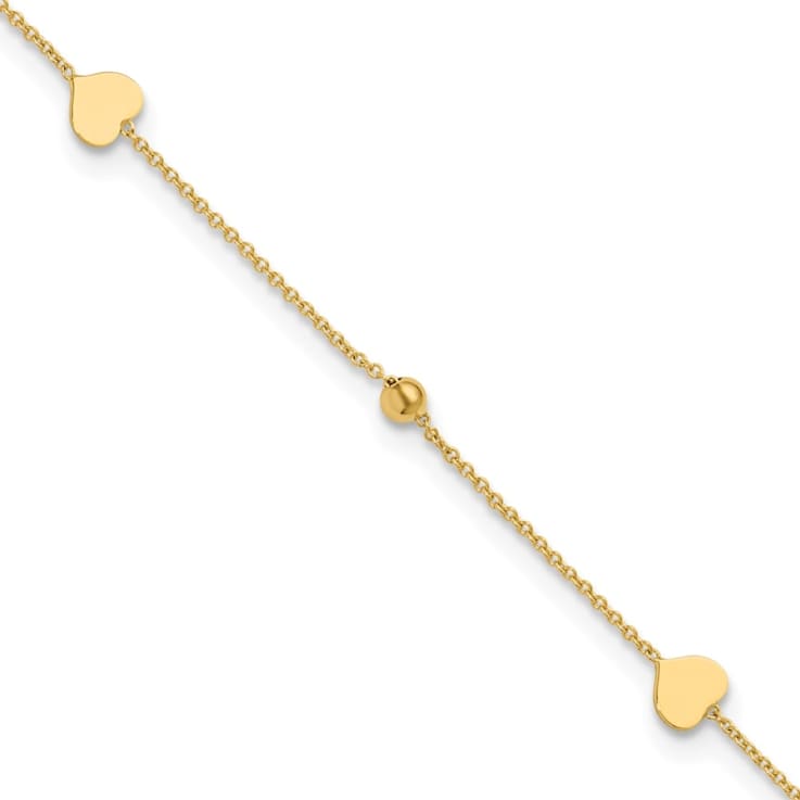 14K Yellow Gold Heart Beads Plus 2 inch Chain Necklace