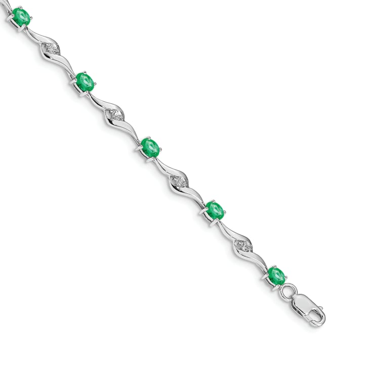 Rhodium Over 14k White Gold White Sapphire and Emerald Gemstone Bracelet