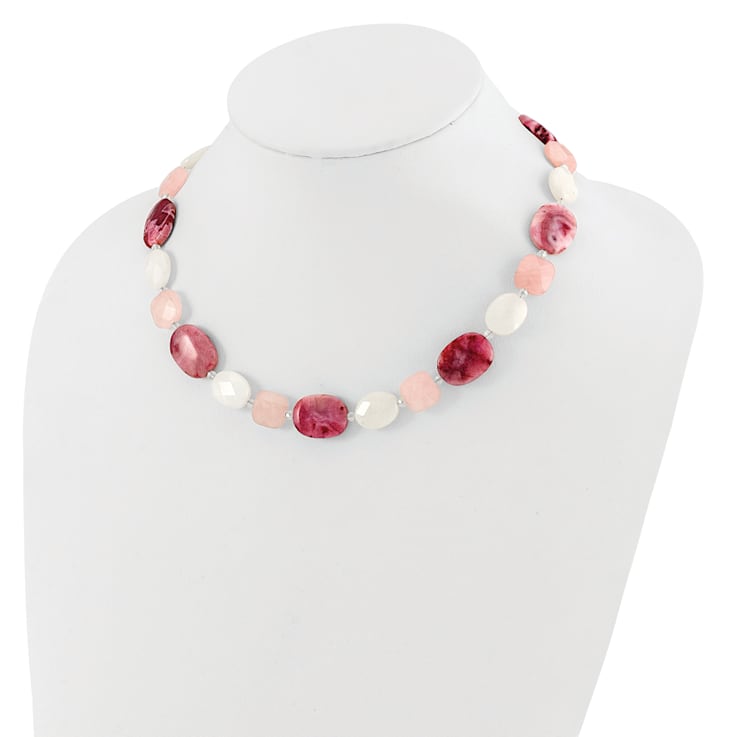 Sterling Silver Pink Agate, Quartz, Jadeite, Crystal with 2-inch
Extension Necklace