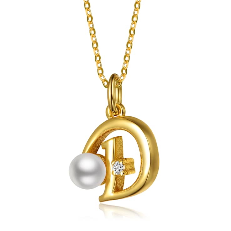 Initial D Pendant And White Pearl Necklace With CZ In 14K Gold Over Brass