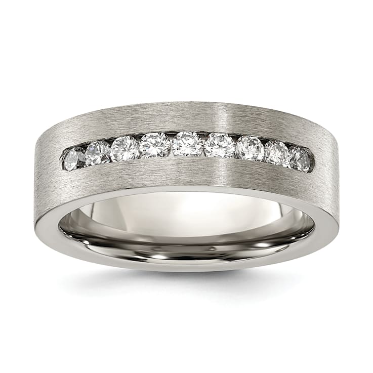 White Cubic Zirconia Titanium Flat 7mm Men's Band Ring