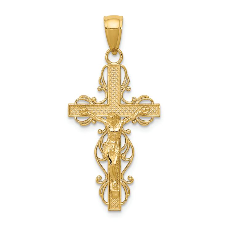 14k Yellow Gold Polished and Textured Crucifix with Lace Trim Pendant
