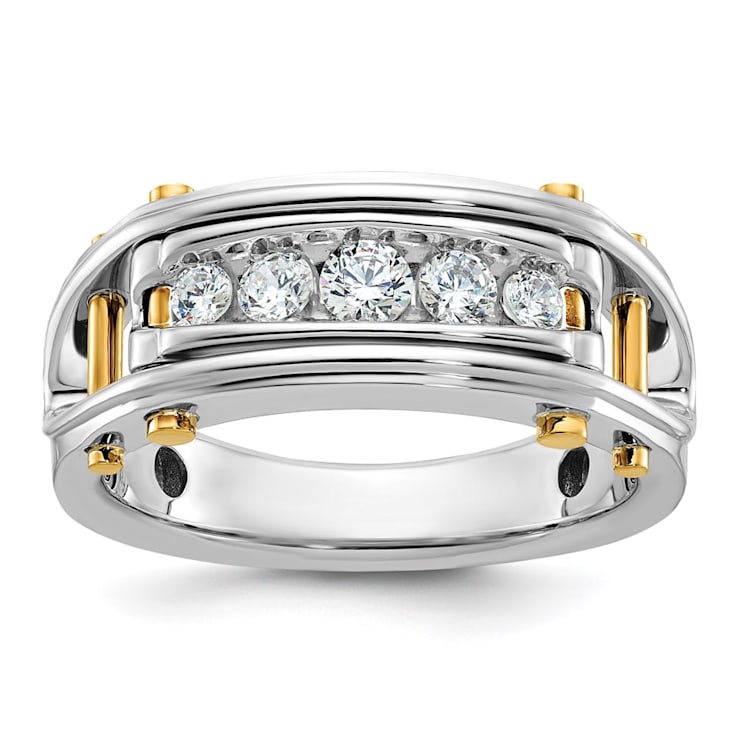 14K Yellow and White Gold Men's Polished Grooved Cut-Out 5-Stone Diamond Ring