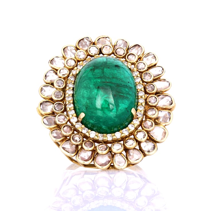 14.65 Ctw Emerald and 3.87 Ctw White Diamond Ring in 14K YG