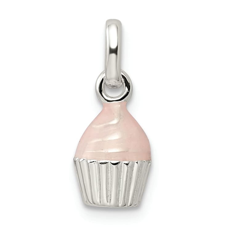 Sterling Silver Polished and Pink Enameled Cupcake Children's Pendant