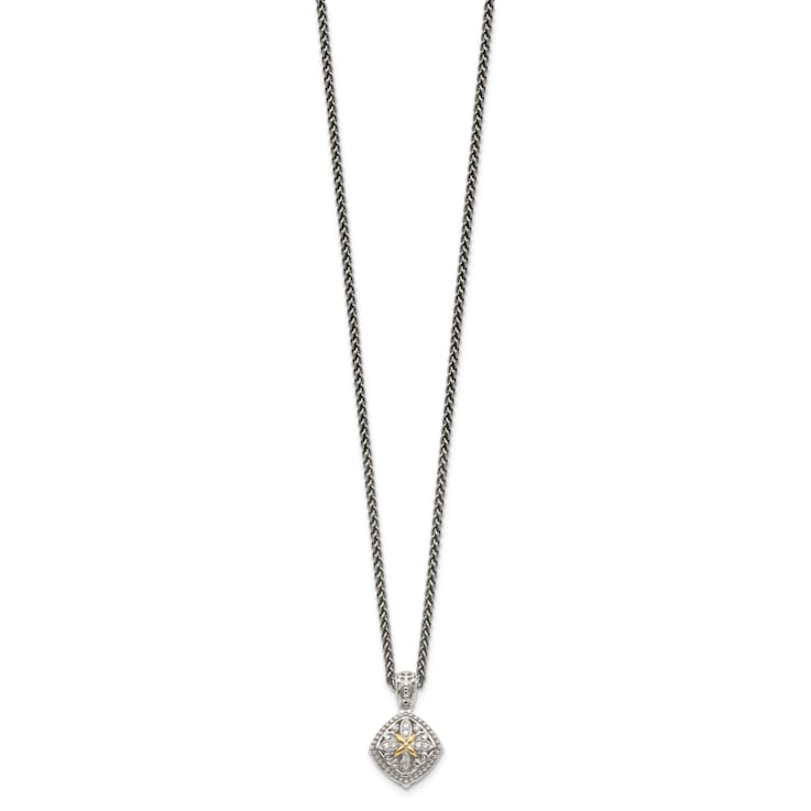 Sterling Silver Antiqued with 14K Accent Diamond Necklace