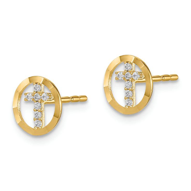 14k Yellow Gold Children's Cubic Zirconia Diamond-Cut 7.25mm Circle with
Cross Stud Earrings