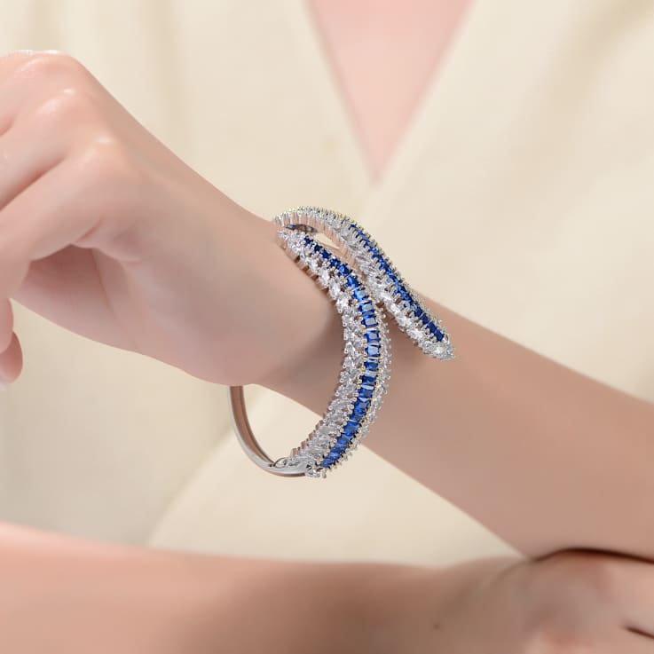 Sapphire Color CZ Station Bangle Bracelet In Sterling Silver