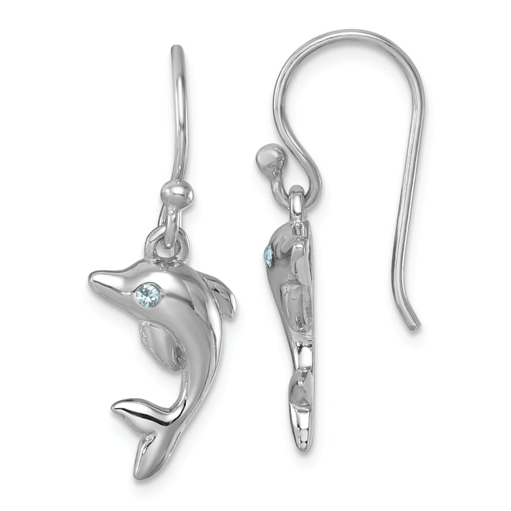 Rhodium Over Sterling Silver Polished Crystal Dolphin Dangle Earrings