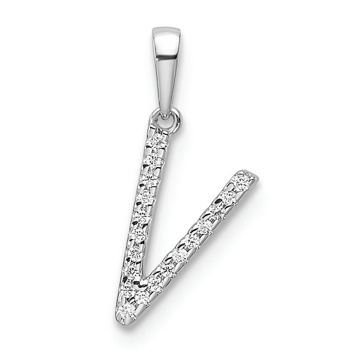 Rhodium Over 14k White Gold Diamond Letter V Initial Pendant