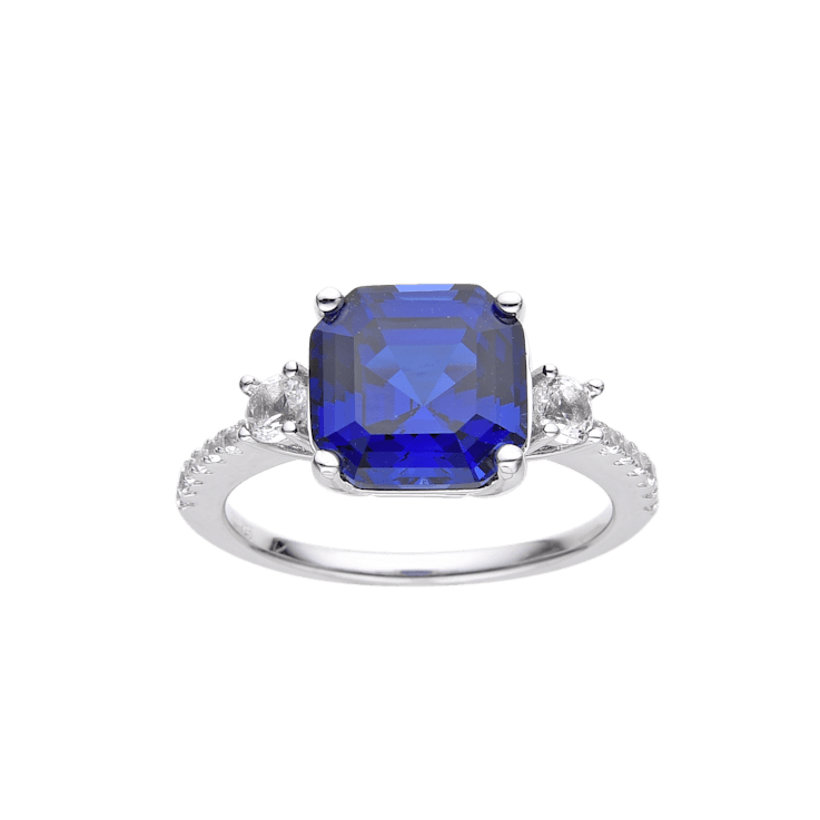 Asscher Cut Blue Lab Created Sapphire Ring with Round White Topaz
Rhodium Over Sterling Silver Ring