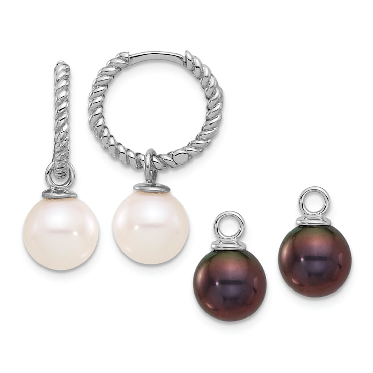 Rhodium Over 14K White Gold 7-8mm Black and White Freshwater Cultured
Pearl Dangle Hoop Earrings