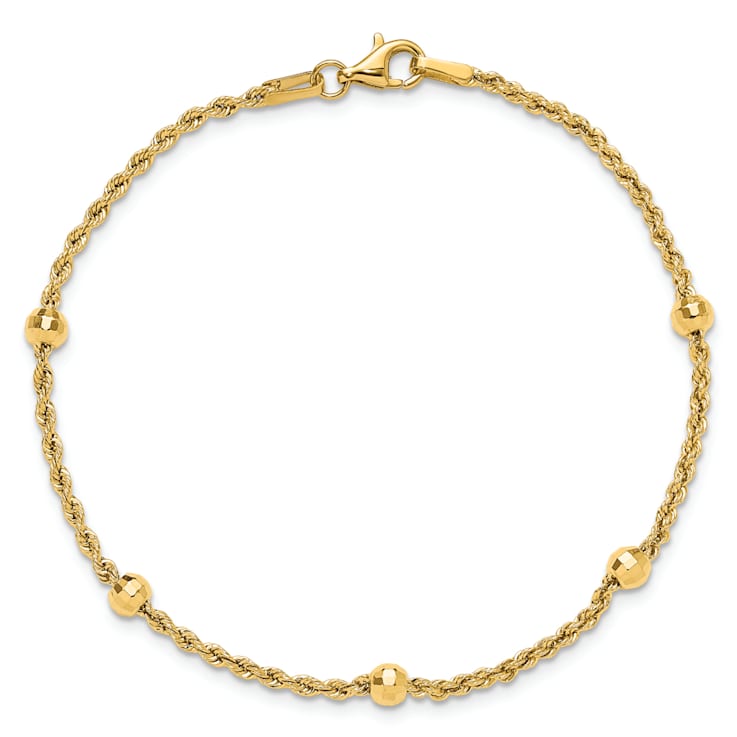 14K Yellow Gold Diamond-cut Beaded Rope Chain Bracelet