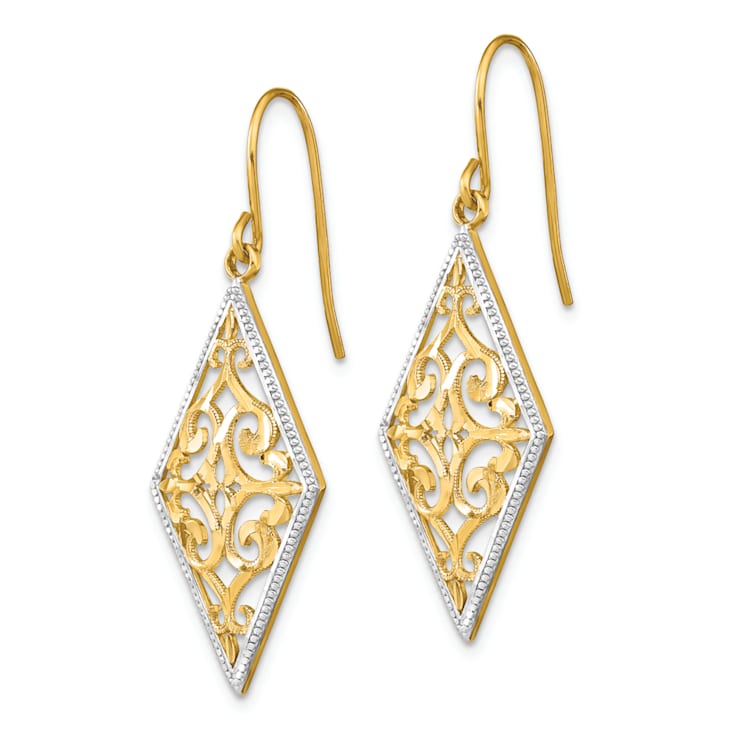14K Yellow Gold and Rhodium Over 14K Yellow Gold Textured Diamond Shape
Filigree Dangle Earrings
