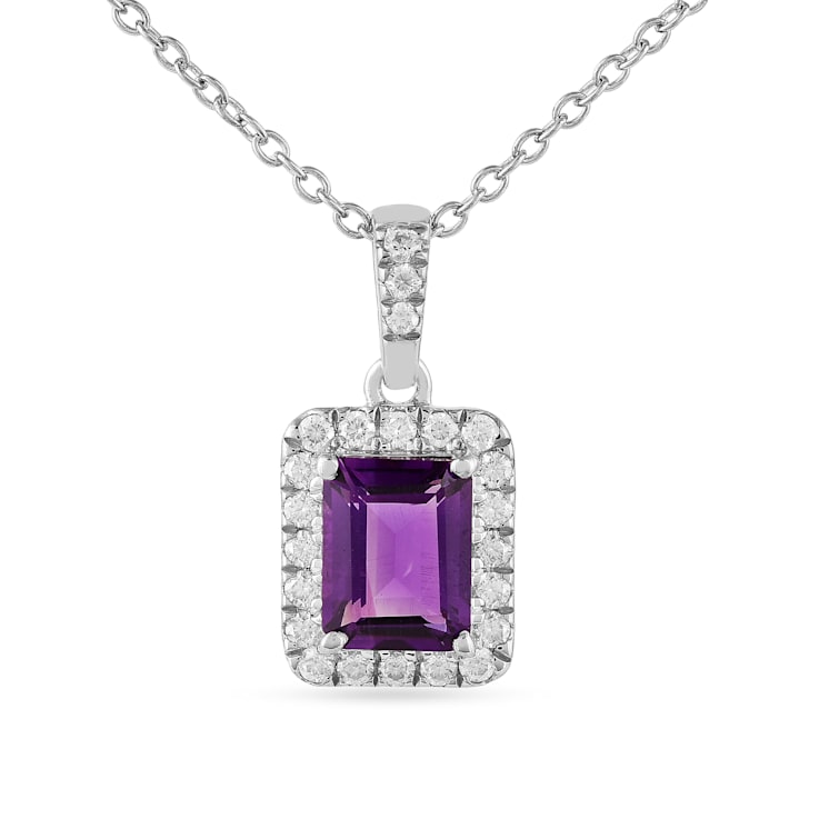 Amethyst with Moissanite Accents Rhodium Over Sterling Silver Halo
Pendant with Chain