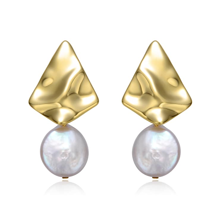 Freshwater Pearl Rippled Drop Earrings In 14K Gold Over Sterling Silver