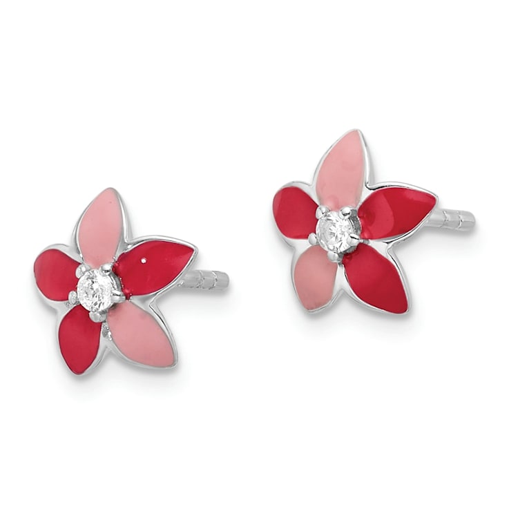 Rhodium Over Sterling Silver Pink Enamel and Cubic Zirconia Flower
Children's Post Earrings