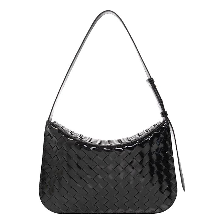 Bottega Veneta Intrecciato Patent Black Leather Flap Small