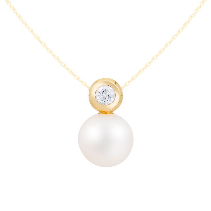 White Cultured Freshwater Pearl and Diamond 14K Yellow Gold Pendant 8-8.5mm