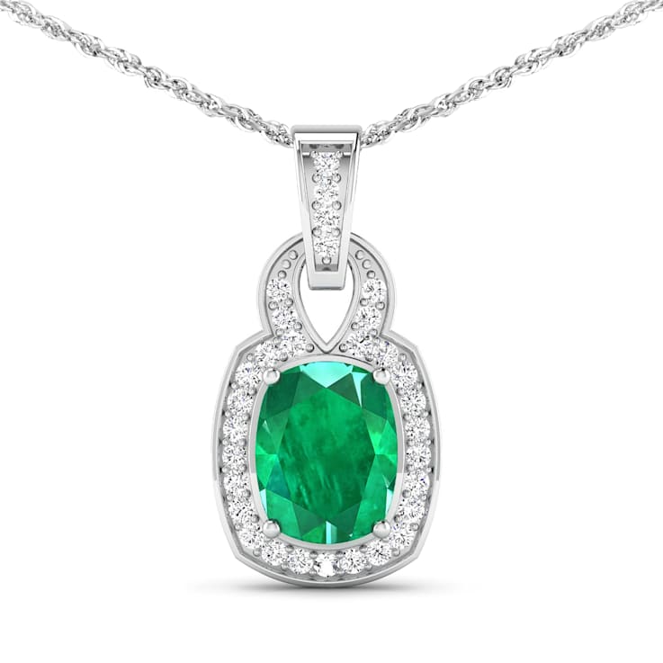 1.74ctw 14K White Gold Zambian Emerald and White Diamond Pendant with 18
inch Cable Chain