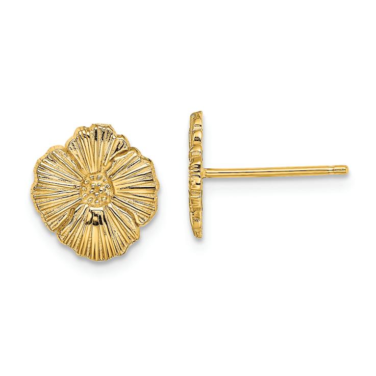 14k Yellow Gold Textured Flower Stud Earrings