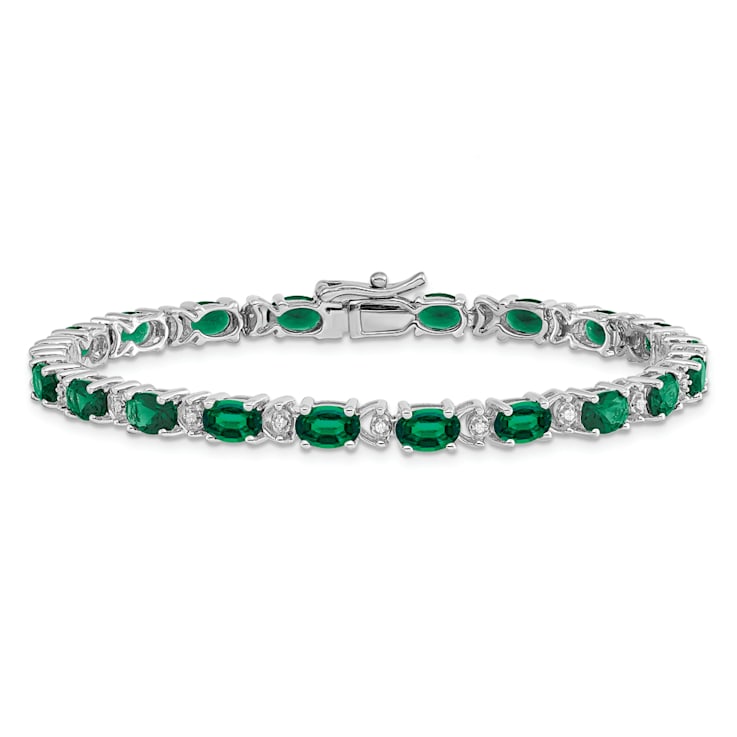 Rhodium Over 14k White Gold Oval Lab Created Emerald and Diamond Bracelet