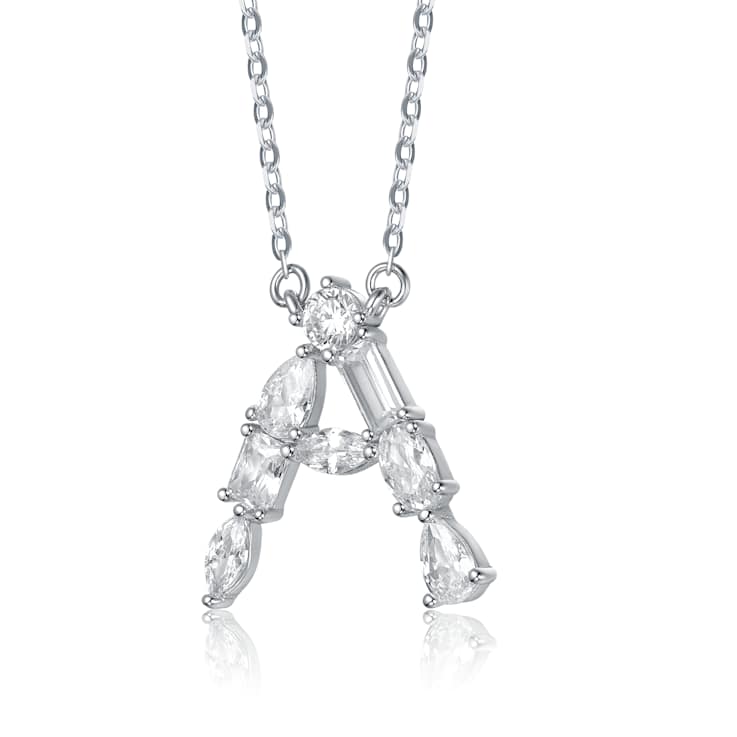Initial A Mixed Cut CZ Pendant Necklace In Sterling Silver 18 Inch