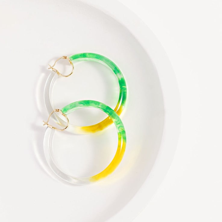14K Yellow Gold Over Sterling Silver Green and Yellow Tie Dye Acrylic Hoops