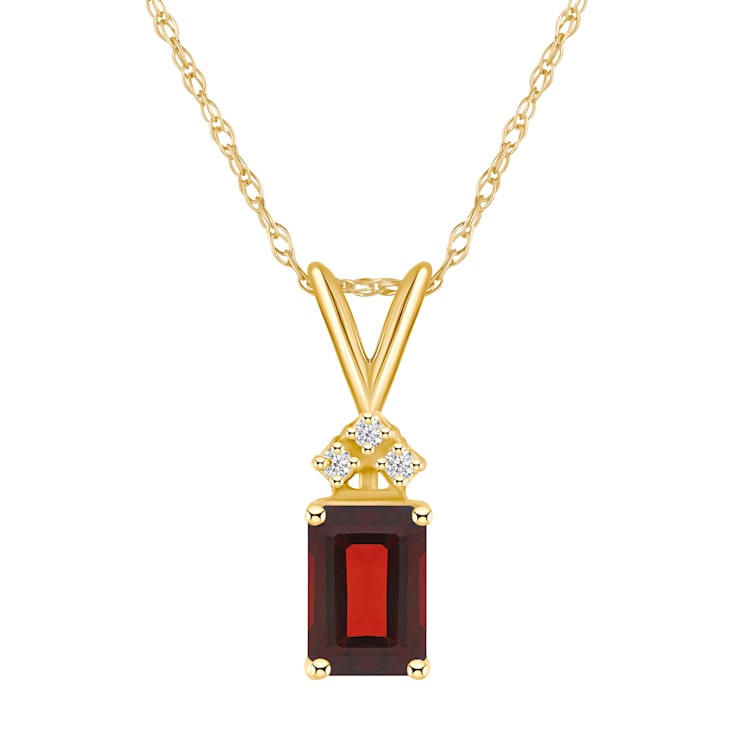 7x5mm Emerald Cut Garnet with Diamond Accents 14k Yellow Gold Pendant
With Chain