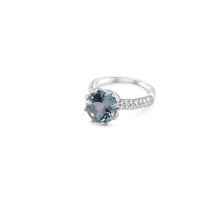 10mm Round Aquamarine and White CZ Rhodium Over Sterling Silver Ring, 3.62ctw