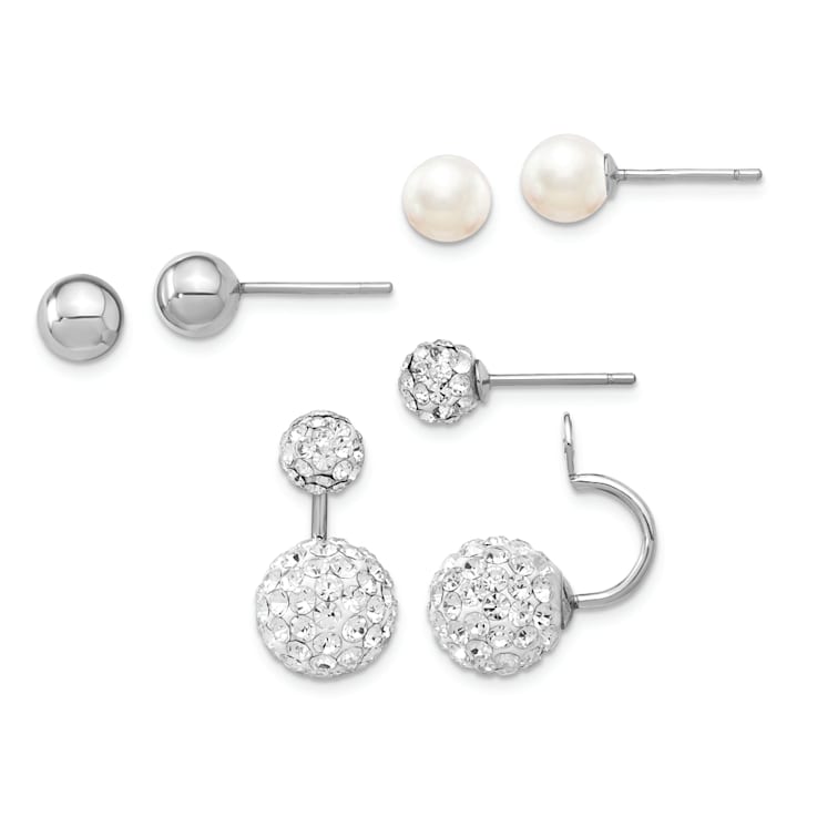 Rhodium Over Sterling Silver 3 pair MOP and Crystal Front Dangle Back
Earring Set