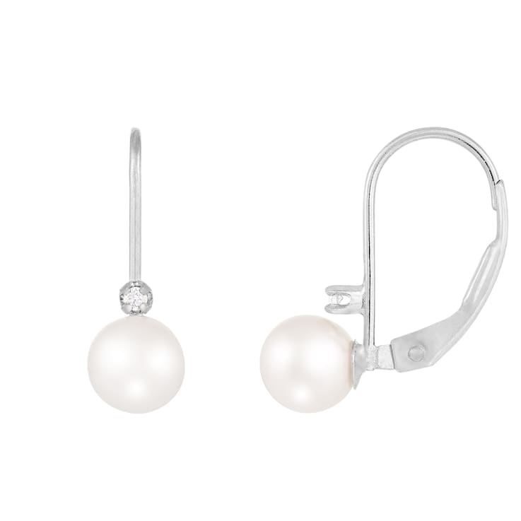 14k White Gold Leverback Earring with 5mm Freshwater Pearl and .02CT DTW