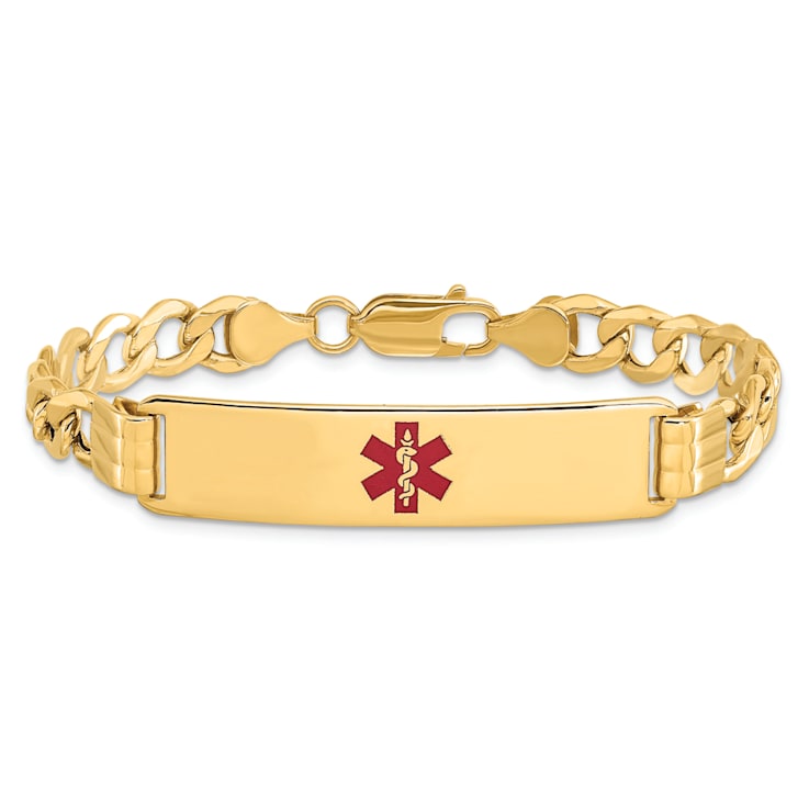 14k Yellow Gold Medical Red Enamel Curb Link ID Bracelet