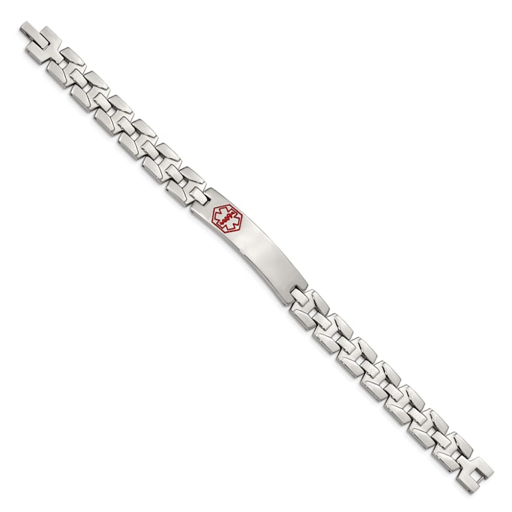 Stainless Steel Brushed and Polished Red Enamel 8-inch Medical ID Bracelet