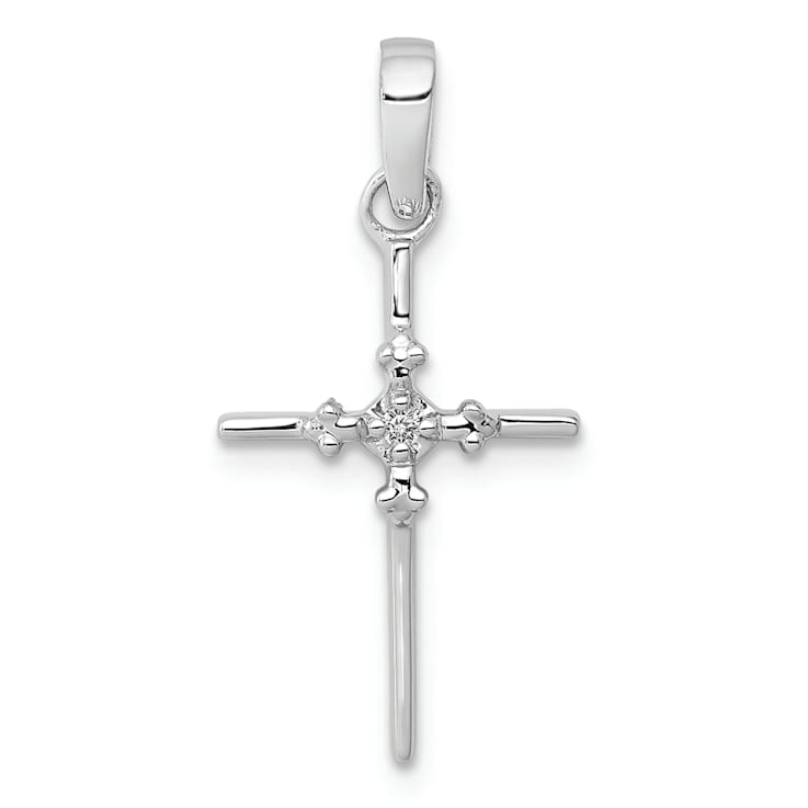 Rhodium Over 14K White Gold 0.01ct. Diamond Polished Budded Cross Pendant