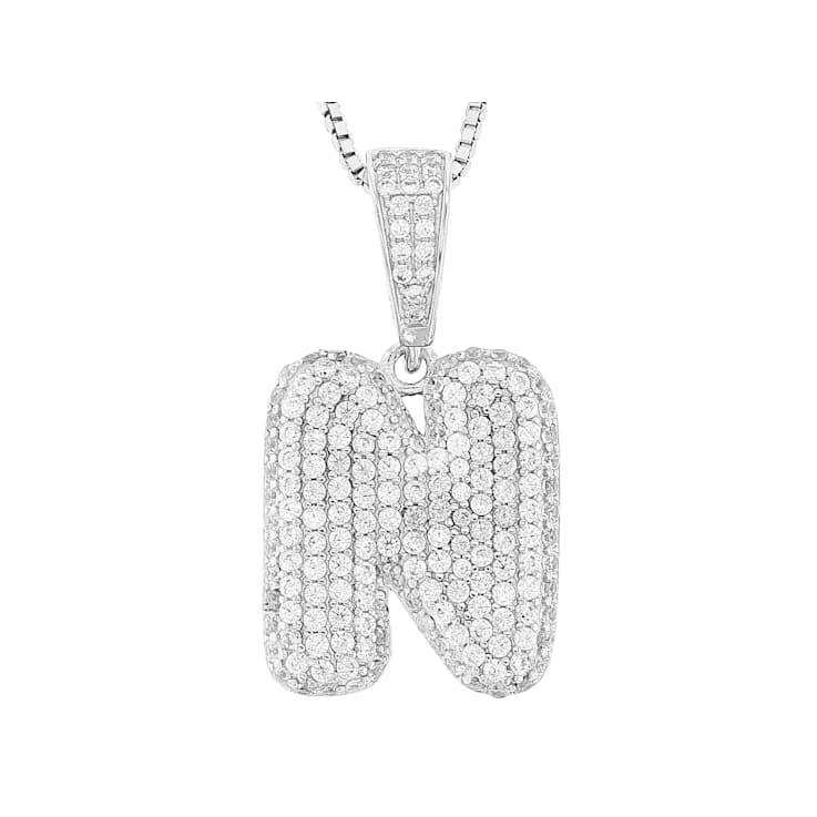 CZ Initial N Bubble Letter Pendant Necklace In Sterling Silver 2.15ctw