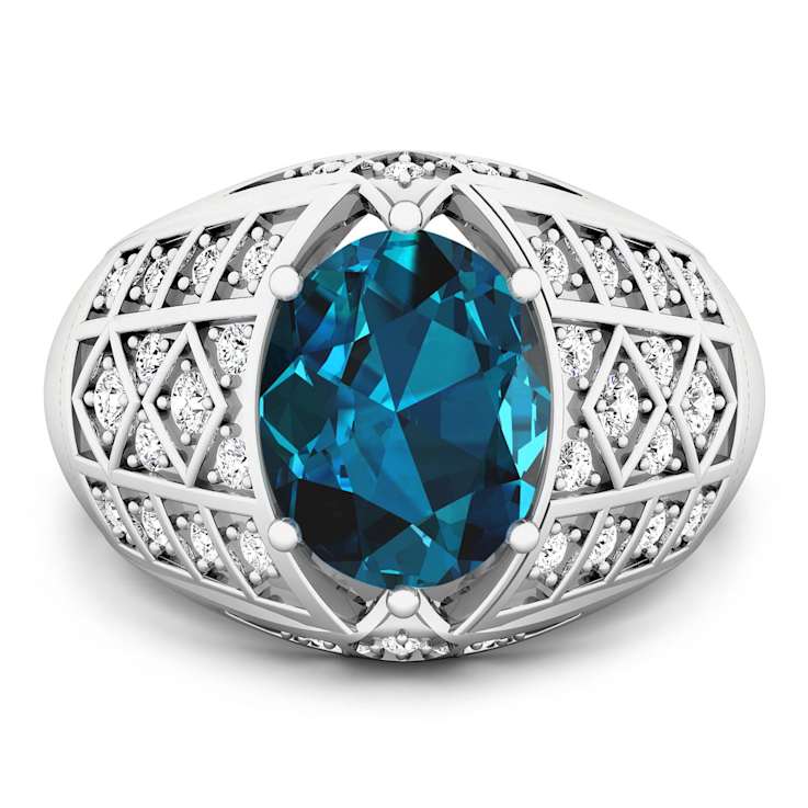 3.12ctw London Blue Topaz and Diamond 14K White Gold Halo Ring