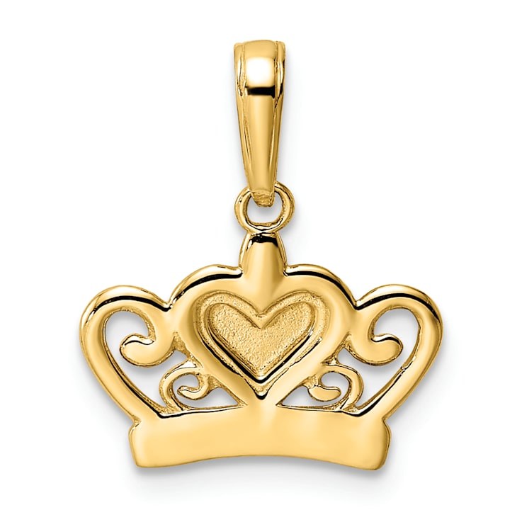 14K Yellow Gold with White Rhodium Diamond-Cut Heart Crown Pendant