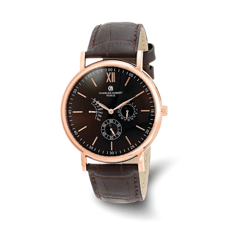 Charles Hubert Men's Stainless Steel Leather Band 44mm Watch