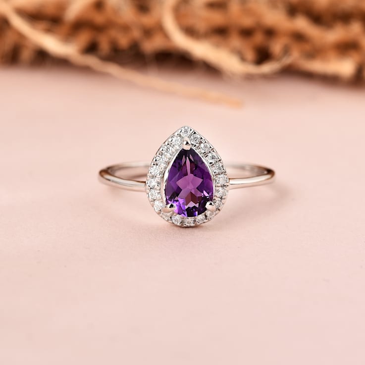 Pear Shape Amethyst with Moissanite Accents Rhodium Over Sterling Silver
Halo Ring