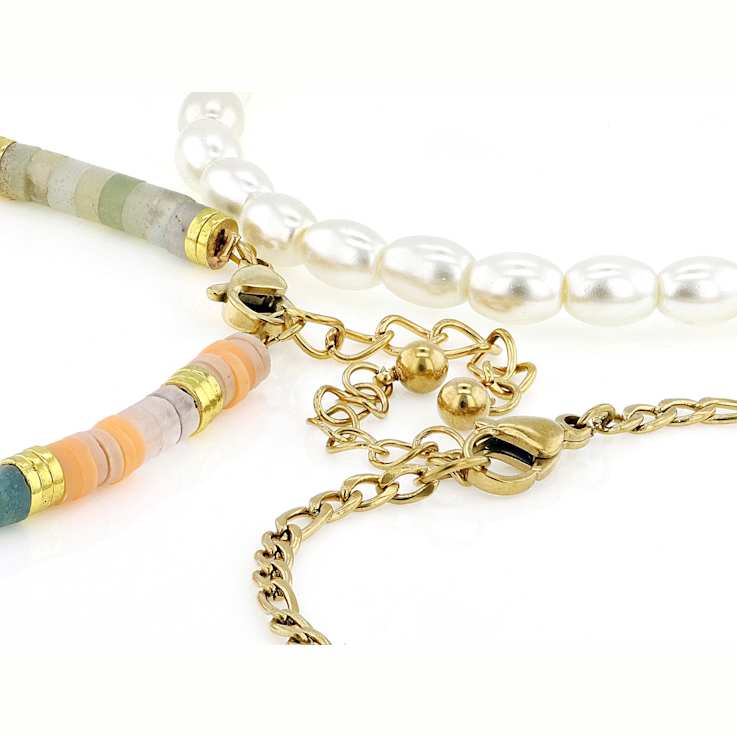 Set Of 3 Stackable Bracelet Set In Gold-Tone With Curb Link, Gemstone
Bead and Simulated Pearl Stretch Bracelets.