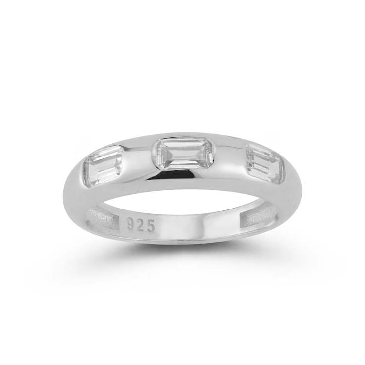 Sterling Statements Rhodium Over Sterling Silver 3 Stone CZ Dome Ring