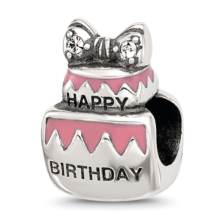 Sterling Silver Crystal and Enamel Pink Birthday Cake Bead